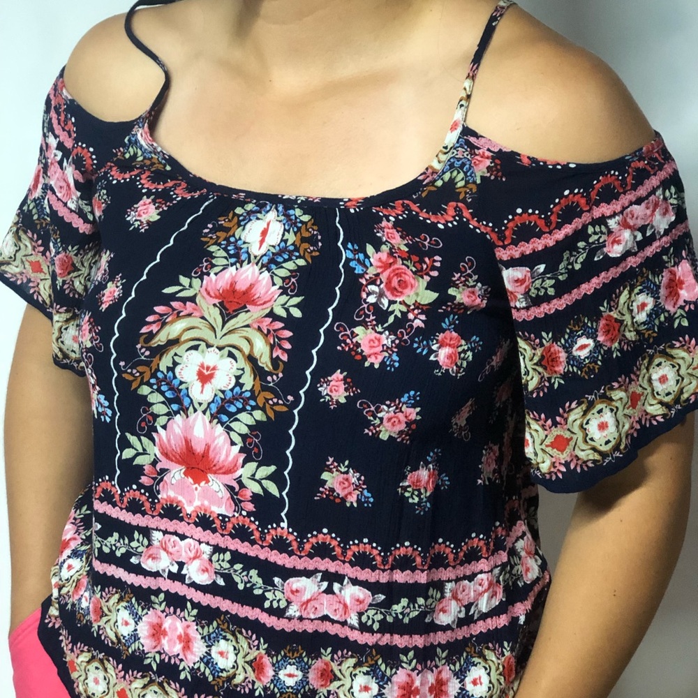 Navy Blue and floral patterned open shoulder top